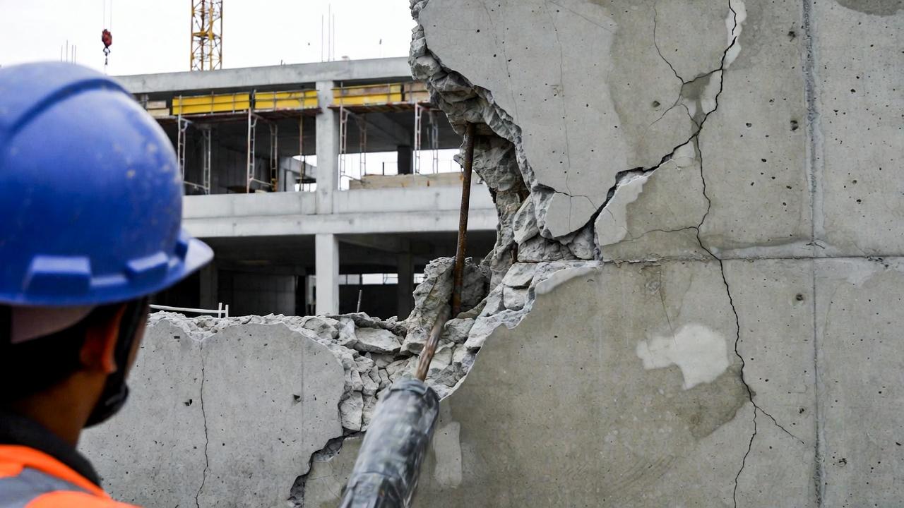 Crew chipping spalled concrete to expose corroded rebar