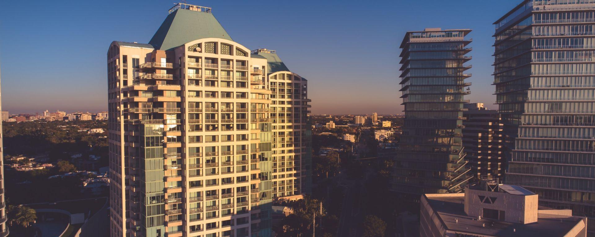 The Ritz-Carlton Coconut Grove, Miami — aerial exterior view of the hotel where CORE Builder Group performed red tag clearance, post-tension cable repair, and emergency shoring.
