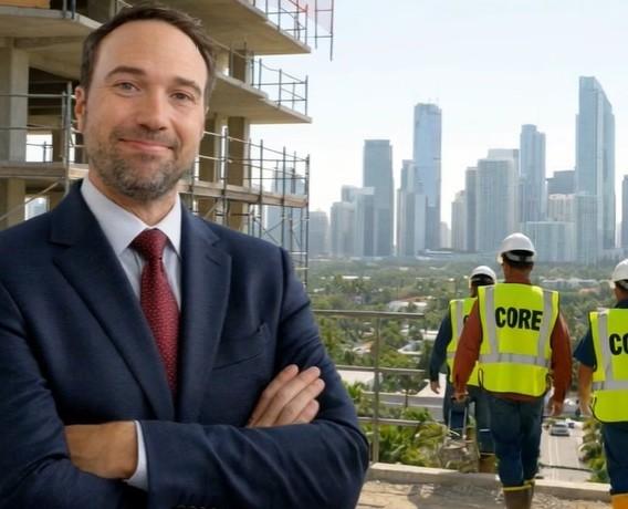 Ryan Perez, Managing Partner of CORE Builder Group, on-site at a Miami construction project — CORE crew in branded vests on the scaffold and the downtown Miami skyline behind.